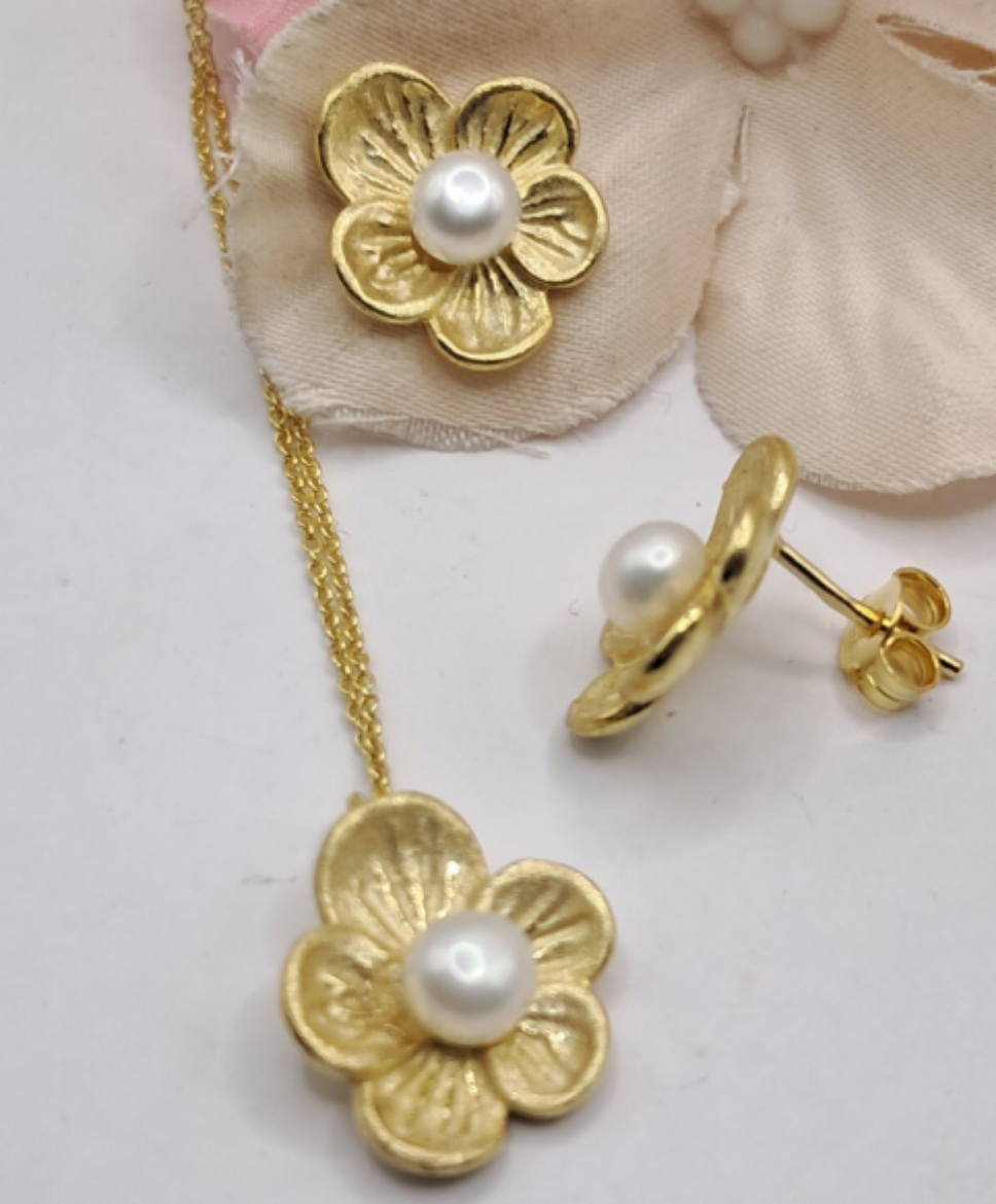 Imagem de conjunto em Prata Dourada con Pérolas